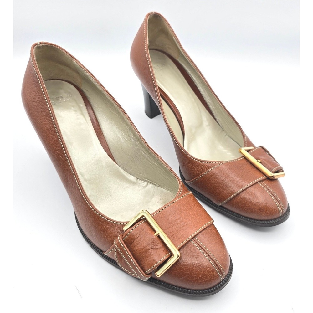 Vintage Furla Brown Leather Pumps Y2K Corporate Chic Buckle Block Heel 38 US 8